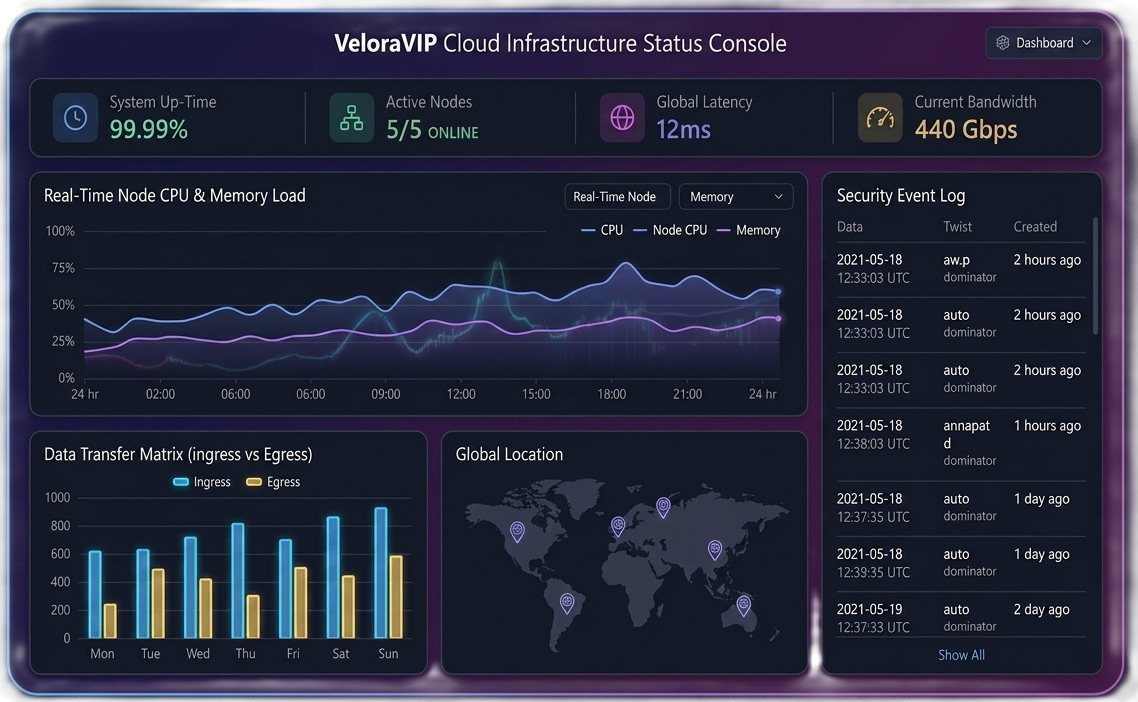 Console de statut de l'infrastructure cloud VeloraVIP